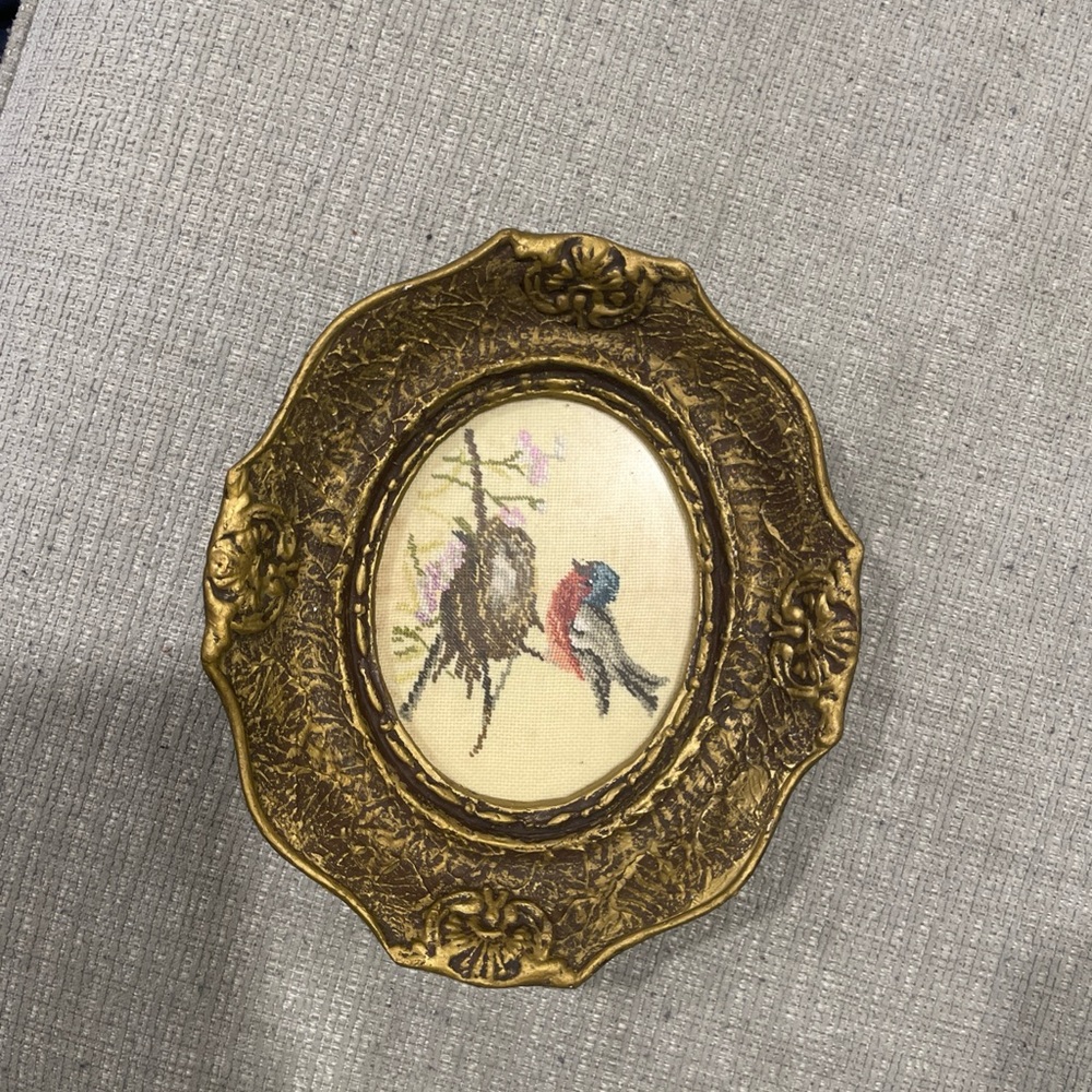 Gold Oval Decorative Frame with Bird Needlepoint Art - Picture 3 of 5